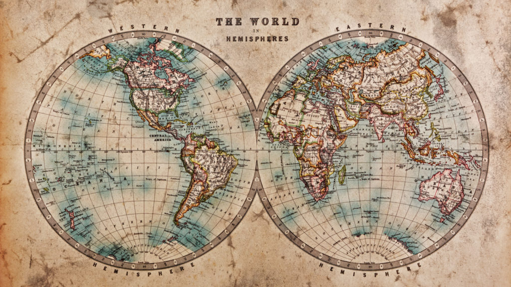 Mapa del món de mitjans de la dècada de 1800, representant els hemisferis occidental i oriental