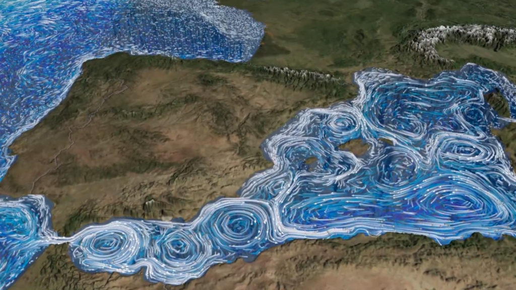 Corrientes marinas y remolinos oceánicos en la superficie del Mediterráneo occidental