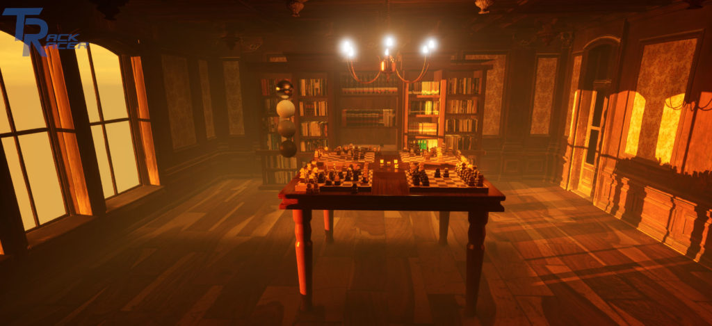 A computer-rendered image of a vintage room with four chess boards.